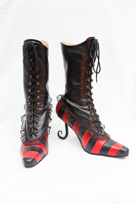 Red and black boots, lace up boots, burlesque boots, striped boots