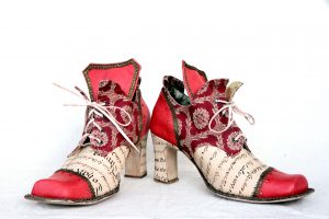 18th century shoes with tapestry and antique script